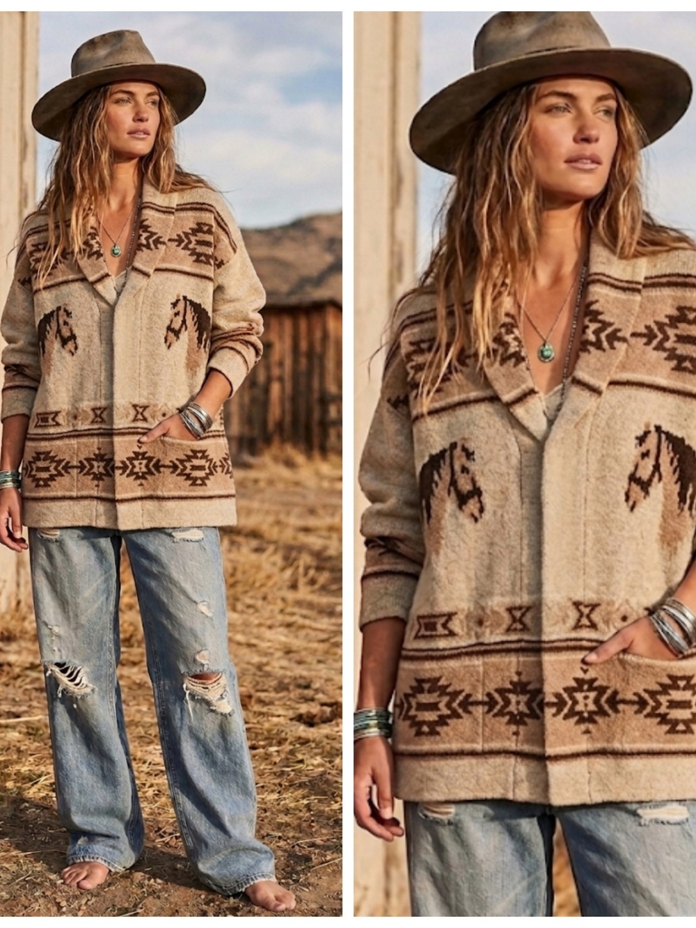 Shawl-Collar Western Motif Cardigan Sweater - Beige/Brown